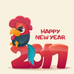 Funny Rooster illustration for the new year 2017. Little rooster sitting on number two. Happy New Year text. Symbol of 2017 on the Chinese calendar.