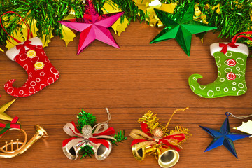 Merry Christmas background, greeting card on wooden texture