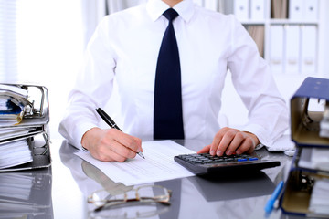 Bookkeeper or female financial inspector  making report, calculating or checking balance. Internal...