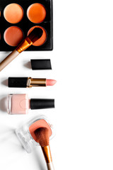 decorative cosmetics nude on white background top view