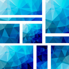 Vector blue banners set with polygonal abstract triangles. Abstract polygonal low poly banners.