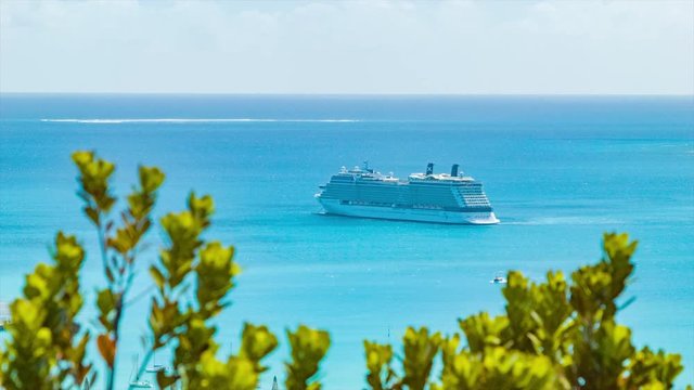 Cruise Ship Anchored at Isle of Pine New Caledonia Seen From Mount Nga with Tropical Green Plants Waving in Foreground