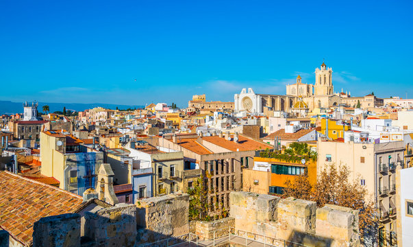 Aerial view of tarragona taken from the circo romano with the cathedral of saint mary on background