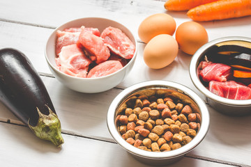 ingredients for pet food natural on wooden background
