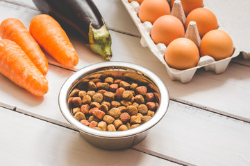 ingredients for pet food natural on wooden background