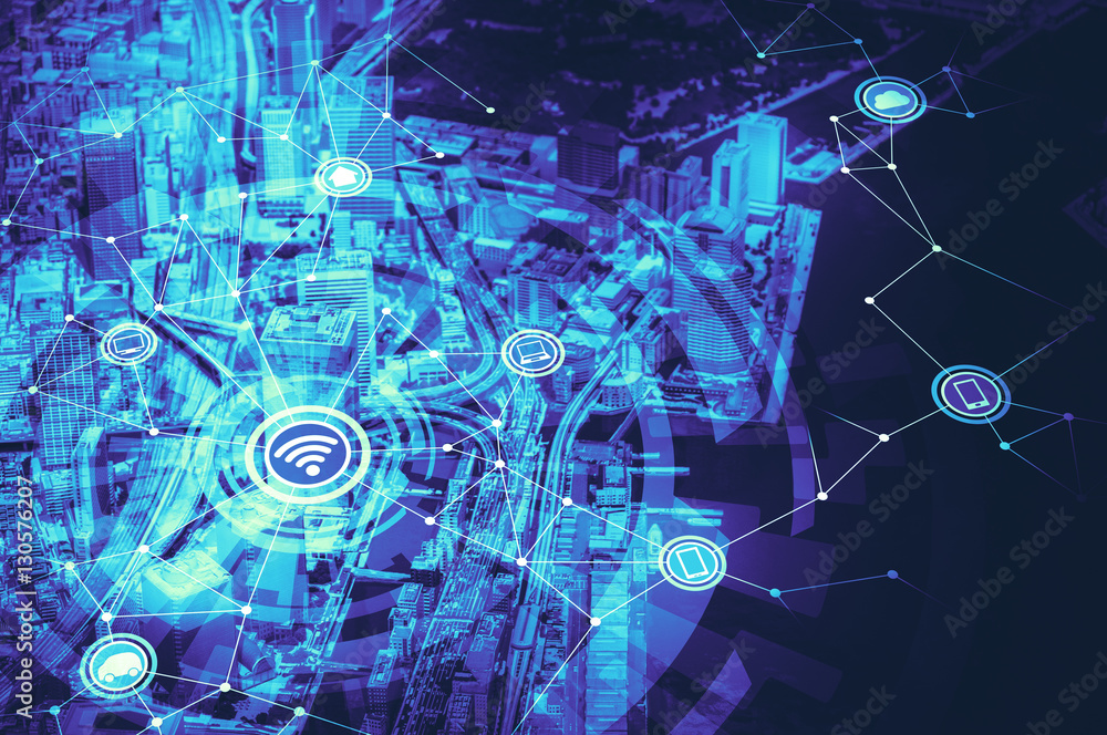 Poster duo tone graphics of smart city diorama and wireless communication network, abstract image visual