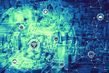duo tone graphics of smart city diorama and wireless communication network, abstract image visual