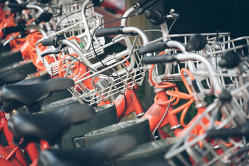 Public Rental Bicycles in a line in city of China.