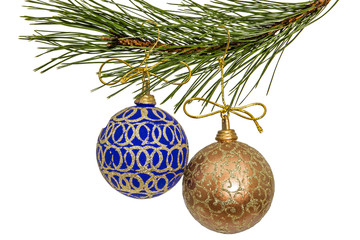 Beautiful Christmas balls hanging on branch of the pine, isolate
