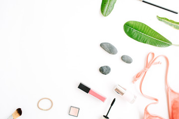 female summer bikini swimsuit and accessories collage on white with palm branches,. flat lay, top view