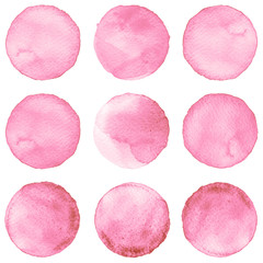 Watercolor circles collection vinous and pink colors. Stains set isolated on white background. Design elements