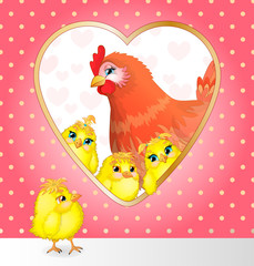 Hen with chickens on the background of hearts. Vector illustration. 