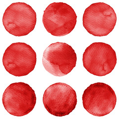 Watercolor circles collection vinous and red colors. Stains set isolated on white background. Design elements