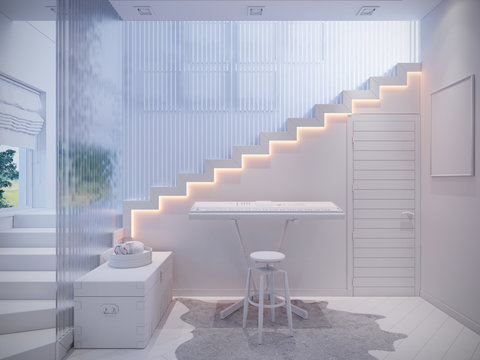 3d illustration of a townhouse interior design in a modern, minimalist style