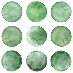 Watercolor circles collection green colors. Stains set isolated on white background. Design elements