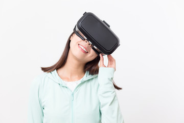 Woman looking though VR device