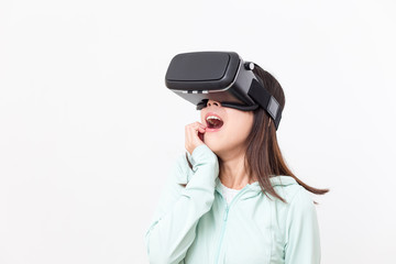 Young woman feeling scary watching with virtual reality device