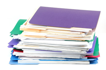 stacking documents and folders on white background