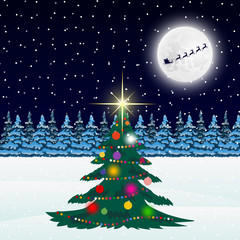 Christmas tree in the forest and Santa Claus on a background of 