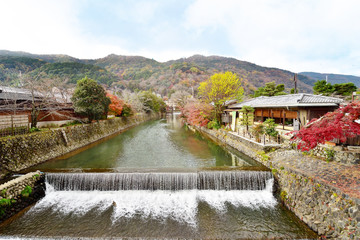 Katsura River in the Arashiyama area of Kyoto, Japan in autumn