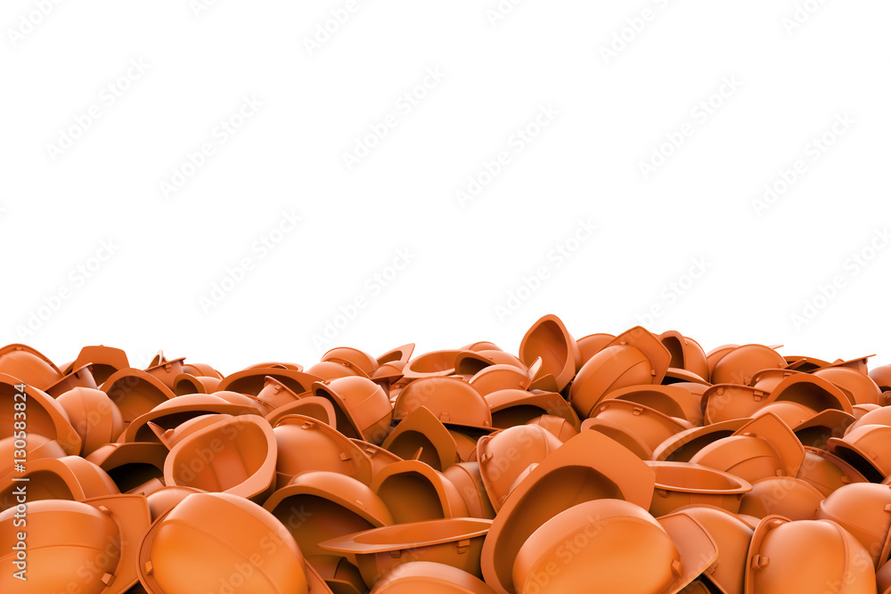 Poster rendering heap of orange building helmets isolated on the white background