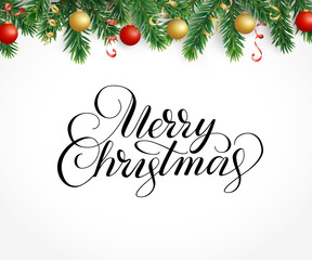 Fototapeta na wymiar Greeting card with fir tree garland, ornaments and Merry Christm
