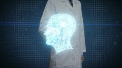 Doctor touching digital screen, Brain head shape connect digital lines, expanding artificial intelligence