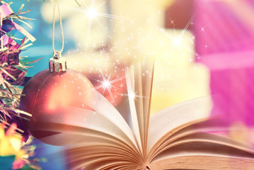 Open book with Christmas background