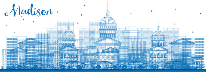 Obraz premium Outline Madison Skyline with Blue Buildings.