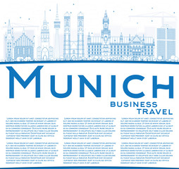 Outline Munich Skyline with Blue Buildings and Copy Space.