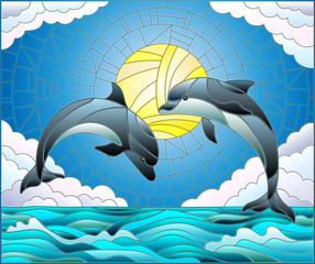 Obrazy na Plexi  Ilustracja w stylu witrażu z parą delfinów na tle wody, chmury, nieba i słońca