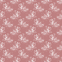 Seamless vector hand drawn seamless floral  pattern with insect  Pink background with flowers, leaves, butterfly Decorative cute graphic drawn illustration Template for background, wrapping, wallpaper