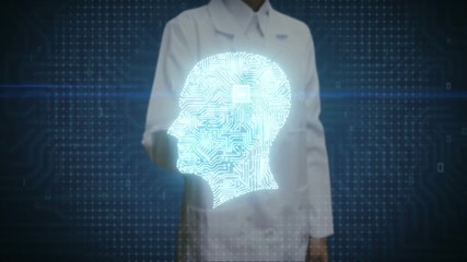 Female doctor touching digital screen, Brain head shape connect digital lines, expanding artificial intelligence