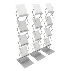 Brochure Display. Trade show booth stand for magazines white and blank. 3d render isolated on white background. High Resolution. Ad template for your design.