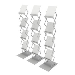Brochure Display. Trade show booth stand for magazines white and blank. 3d render isolated on white background. High Resolution. Ad template for your design.