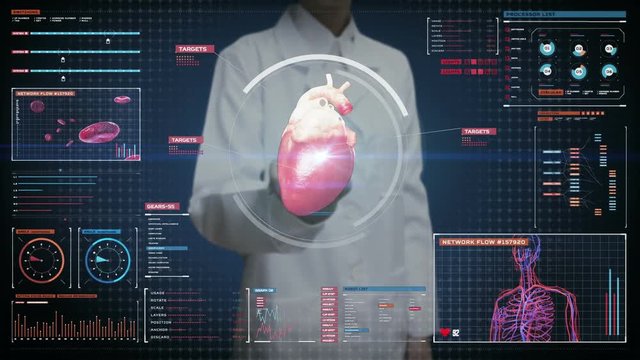 Female doctor touching digital screen, scanning heart. Human cardiovascular system. medical technology.