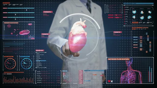 Doctor touching digital screen, scanning heart. Human cardiovascular system. medical technology.