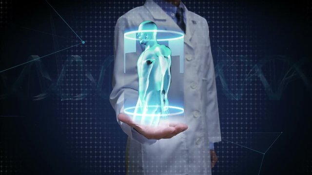 Doctor open palm, Human body scanning lymphatic system. Blue X-ray light. 