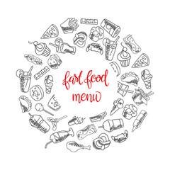 Fast food menu. Set of icons on the vector background.