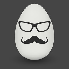Chicken Egg hipster nerd glasses and stylish mustache with shadow on solid black background. Natural ecological product. Healthy food. Dietary product. Easter symbol. Vector illustration