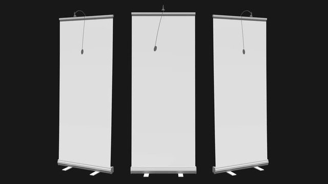 Blank Roll Up Banner Stands. Trade show booth white and blank. 3d motion graphic on black chroma key background. Available in 4K FullHD and HD video render footage.