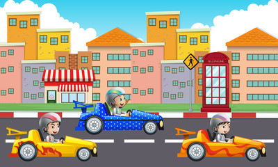 Obraz premium Three children driving racing cars on road