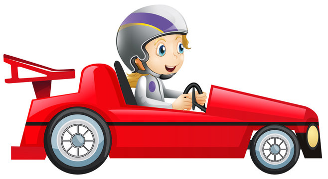 Woman driving in red racing car
