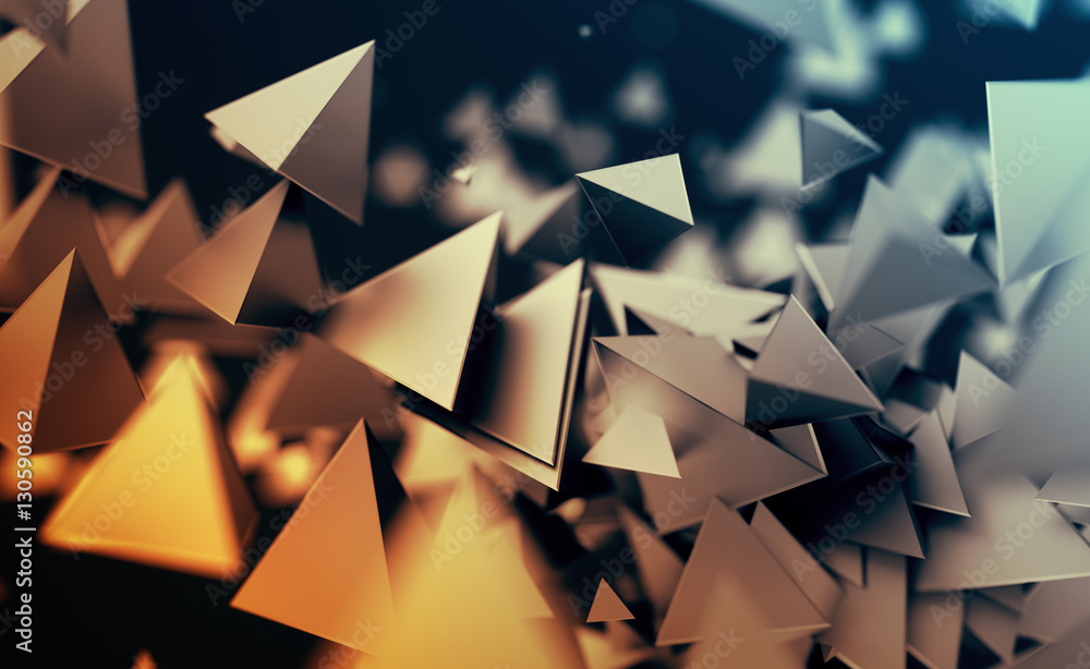 Poster abstract 3d rendering of chaotic low poly shapes. flying polygonal pyramids in empty space. futurist