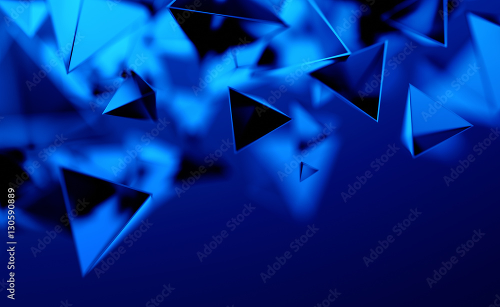 Poster abstract 3d rendering of chaotic low poly shapes. flying polygonal pyramids in empty space. futurist