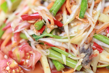 SOM TUM,Thai foods or papaya salad in spicy taste and is popular