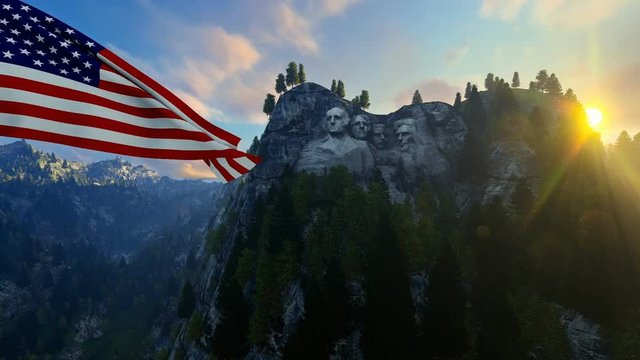 Mount Rushmore With USA Flag Blowing In The Wind Against Blue Sky