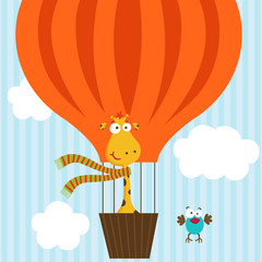giraffe and bird on hot air balloon  - vector illustration, eps
