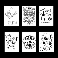 A set of quotations from the Bible. Books and Bible lettering. Brush calligraphy. .Hand drawing illustration.  Words about God. Vector design.