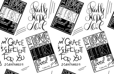Faith, hope, love. Bible lettering. Brush calligraphy. .Hand drawing illustration.   Vector design. Words about God..